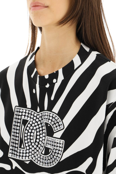 Shop Dolce & Gabbana Zebra Print Cropped Sweatshirt With Crystal Logo In White,black