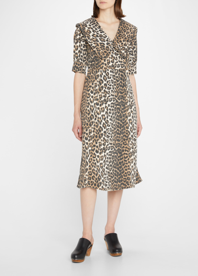 Shop Ganni Leopard-printed Denim Midi Dress