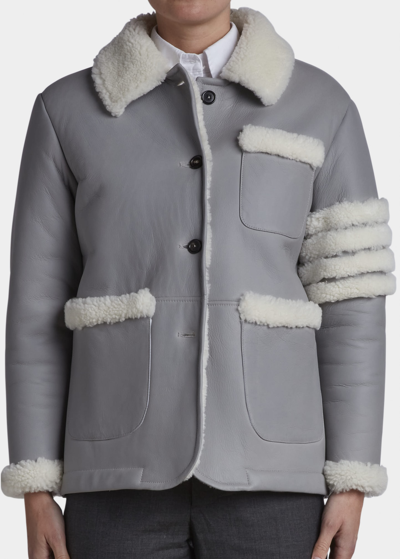 Shop Thom Browne Reversed Shearling Round Collar Leather Jacket In Lt Grey