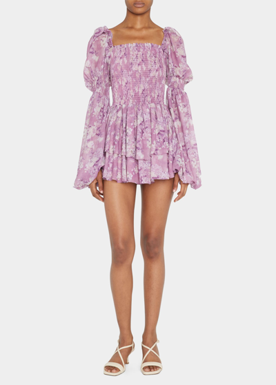 Shop Caroline Constas Alexa Tiered Puff-sleeve Silk Mini Dress In Mauve Summer Flor