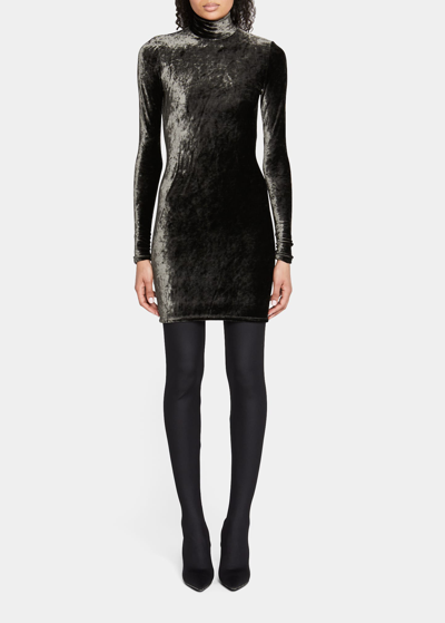 Shop Balenciaga Turtleneck Long-sleeve Crushed Velvet Mini Dress In Brown