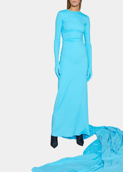 Shop Balenciaga Gloved Swimsuit Gown In Azure