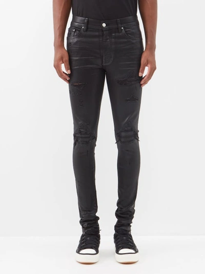Amiri Mx1 Distressed Coated Slim-leg Jeans In Black | ModeSens
