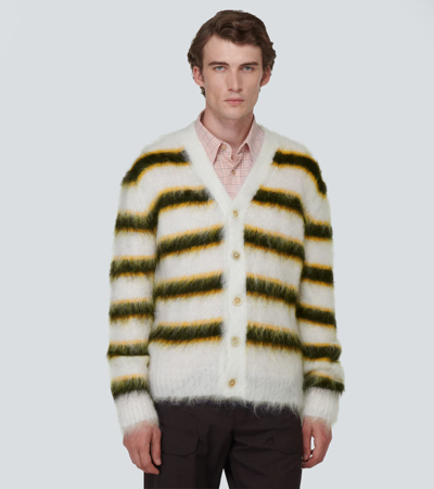 Shop Marni Striped Mohair-blend Cardigan In Lily White