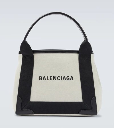 Shop Balenciaga Cabas Leather-trimmed Canvas Tote Bag In Natural/black