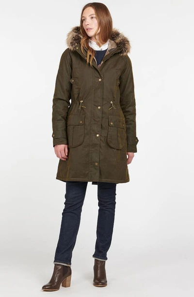 Barbour Hartwith Waxed Cotton Parka With Removable Faux Fur Hood In Olive/  Classic | ModeSens