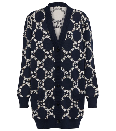 Shop Gucci Gg Reversible Wool-blend Cardigan In Blue/ivory