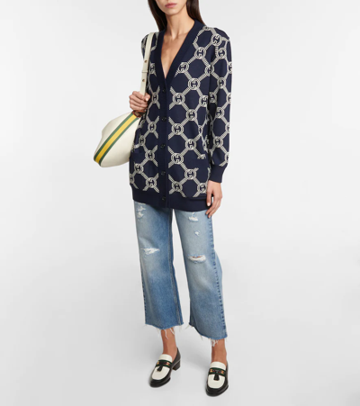 Gucci Reversible Gg Jacquard Knit Cardigan In Blue/ivory