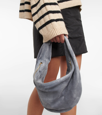 Shop Khaite Olivia Medium Suede Shoulder Bag In Slate
