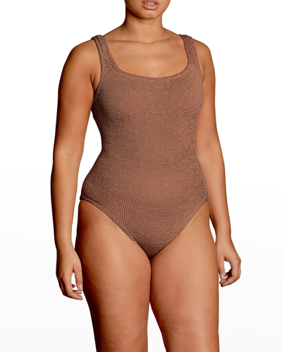 Shop Hunza G Square-neck High-cut One-piece Swimsuit In Metallic Cocoa
