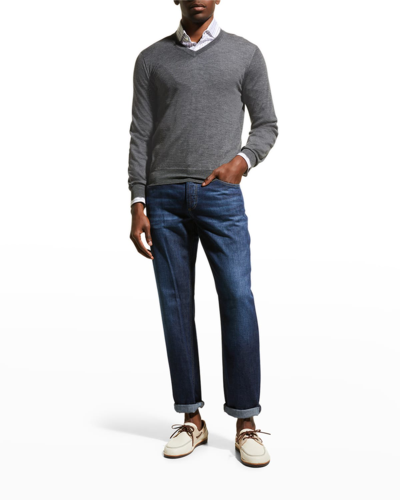 Shop Brunello Cucinelli Fine-gauge Tipped V-neck Sweater In Medium Gray