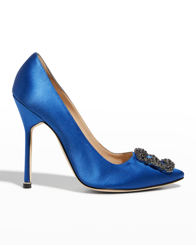 Shop Manolo Blahnik Hangisi 115mm Satin Crystal-toe Pump In Blue