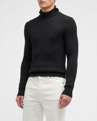 Shop Ferragamo Men's Ribbed Wool Turtleneck Sweater In Black