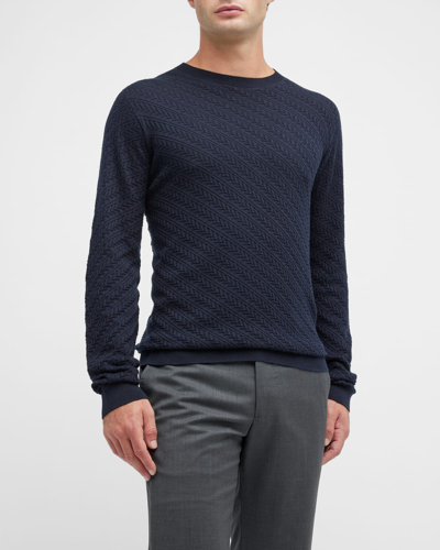 Shop Giorgio Armani Men's Diagonal-knit Crewneck Sweater In Solid Dark Blue
