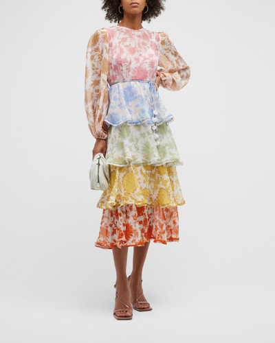 Shop Zimmermann Postcard Flounce Midi Dress In Spliced Tonal Flo