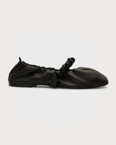 Shop Ganni Scrunchie Calfskin Square-toe Ballerina Flats In Black