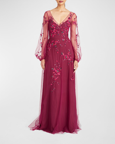 Shop Theia Adora Floral-beaded Gown In Fig