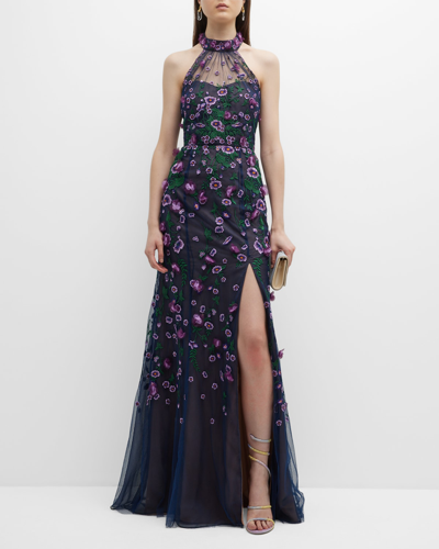 Shop Marchesa Notte Floral-embroidered Tulle Halter Gown In Navy