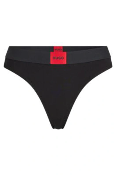 Shop Hugo Stretch-cotton Thong With Red Logo Label In Black