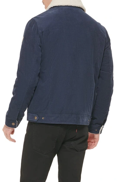 Shop Guess Faux Shearling Lined Corduroy Shirt Jacket In Navy