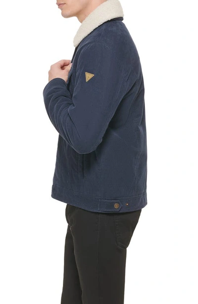 Shop Guess Faux Shearling Lined Corduroy Shirt Jacket In Navy