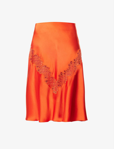 Shop Stella Mccartney Main Lace-embroidered Satin Midi Skirt In Scarlet Red