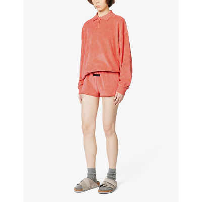 Shop Essentials Fog X  Women's Coral  Logo-tab Mid-rise Velour Shorts