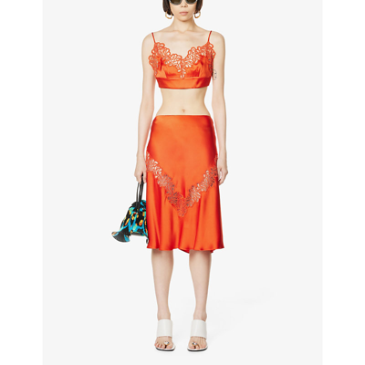 Shop Stella Mccartney Main Lace-embroidered Satin Top In Scarlet Red