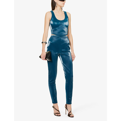 Shop Mugler Shell-panelled Logo-embossed Stretch-woven Top In Teal