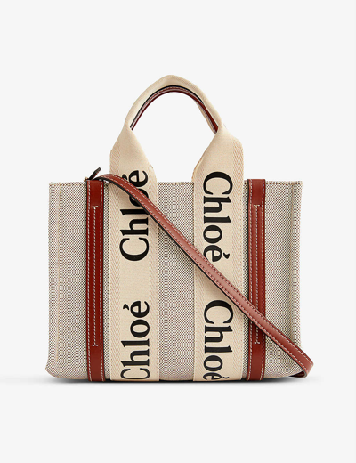 Shop Chloé Chloe Womens White - Brown 1 Woody Small Linen Cross-body Bag In White/brown