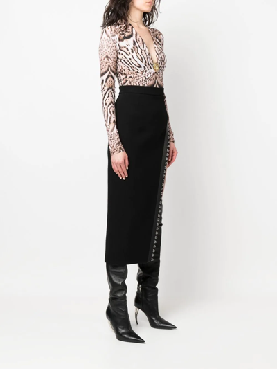 Shop Roberto Cavalli Side-slit Fitted Midi Skirt In Black