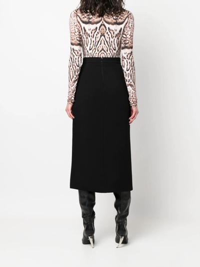 Shop Roberto Cavalli Side-slit Fitted Midi Skirt In Black