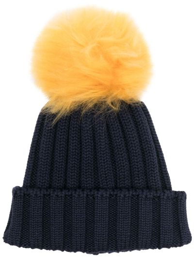 Shop Woolrich Pom-pom Ribbed-knit Beanie In Blau