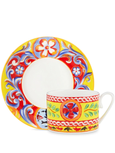 Shop Dolce & Gabbana Caretto-print Porcelain Tea Set In Yellow