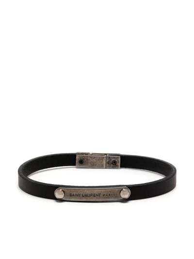 Shop Saint Laurent Id Plaque Leather Bracelet In Schwarz