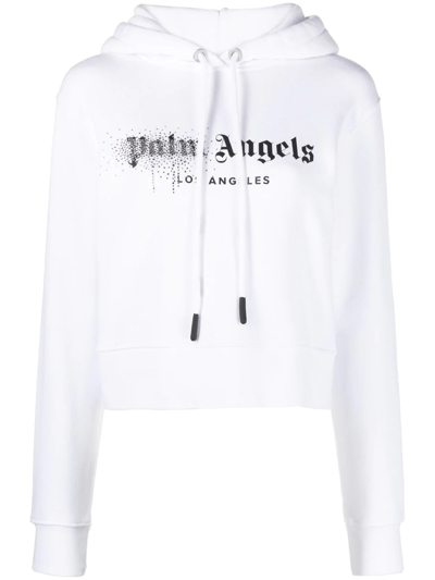 Shop Palm Angels Rhinestone-embellished Logo Print Hoodie In Weiss
