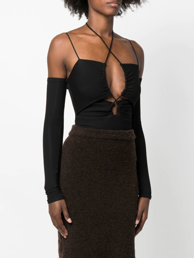 Lama Jouni Off-shoulder Tie-detail Bodysuit In Schwarz