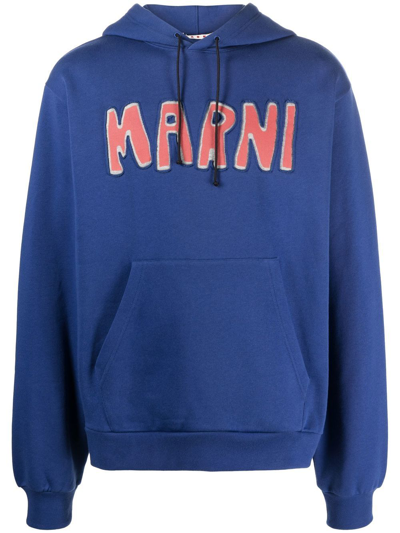 Shop Marni Logo-print Cotton Hoodie In Blau