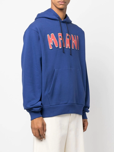 Shop Marni Logo-print Cotton Hoodie In Blau