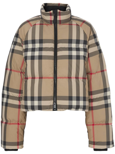 Shop Burberry Vintage Check Cropped Puffer Jacket In Braun