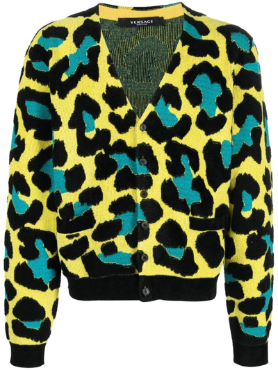 Versace Leopard Pattern Button-up Cardigan In Schwarz