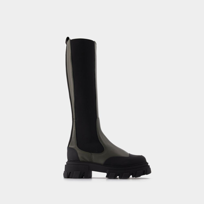Ganni Chelsea High Leather Boots In Khaki