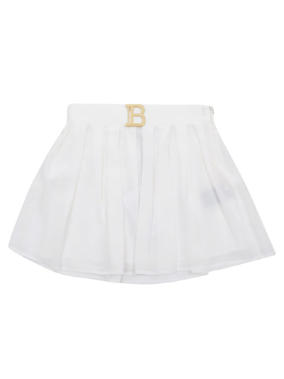 Shop Balmain Kids B Logo Plaque Pleated Skirt In White