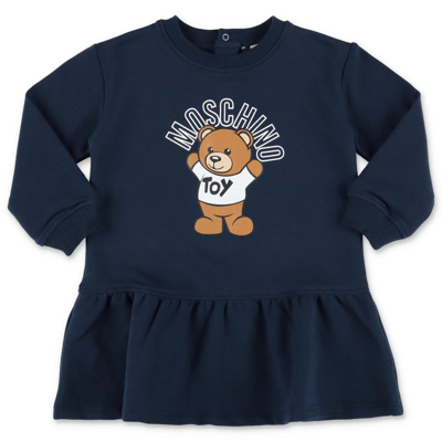 Shop Moschino Kids Teddy Bear Printed Long Sleeved Dress In Blue