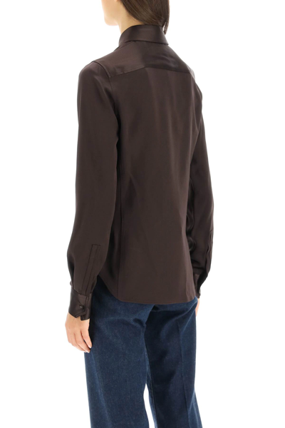 Shop Saint Laurent Silk Satin Slim Fit Shirt In Brown