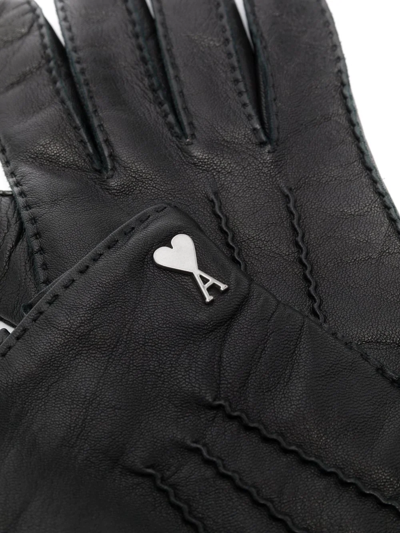 Shop Ami Alexandre Mattiussi Ami De Coeur Leather Gloves In Black