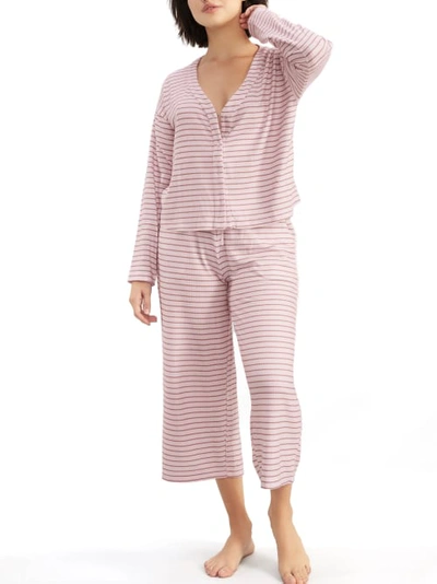 Shop Splendid Cardigan Knit Cropped Pajama Set In Pink Cameo,stripe
