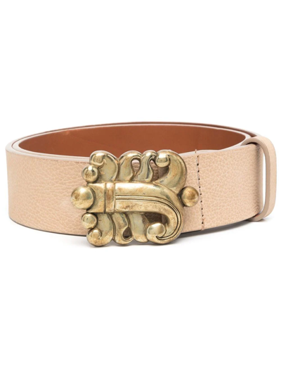 Pre-owned Gianfranco Ferre 1990s Sculpted Buckle Leather Belt In Neutrals