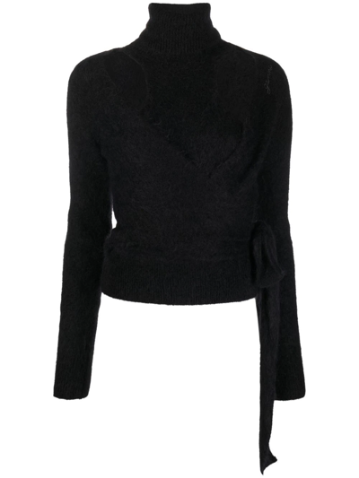 Shop Ganni Brushed Cut-out Wrap Top In Black