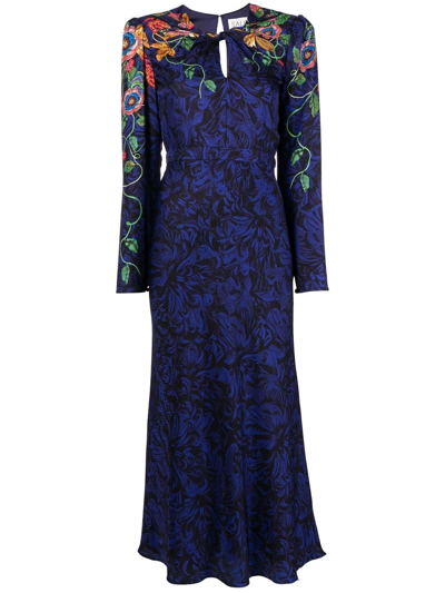 Shop Saloni Long-sleeve Floral-print Silk Dress In Blue